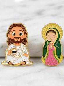 1|2pcs Funny Cartoon Jesus Drinking Coffee Brooch, 2pcs Cartoon Religious Enamel Badge, Suitable For Backpacks - A - View 2