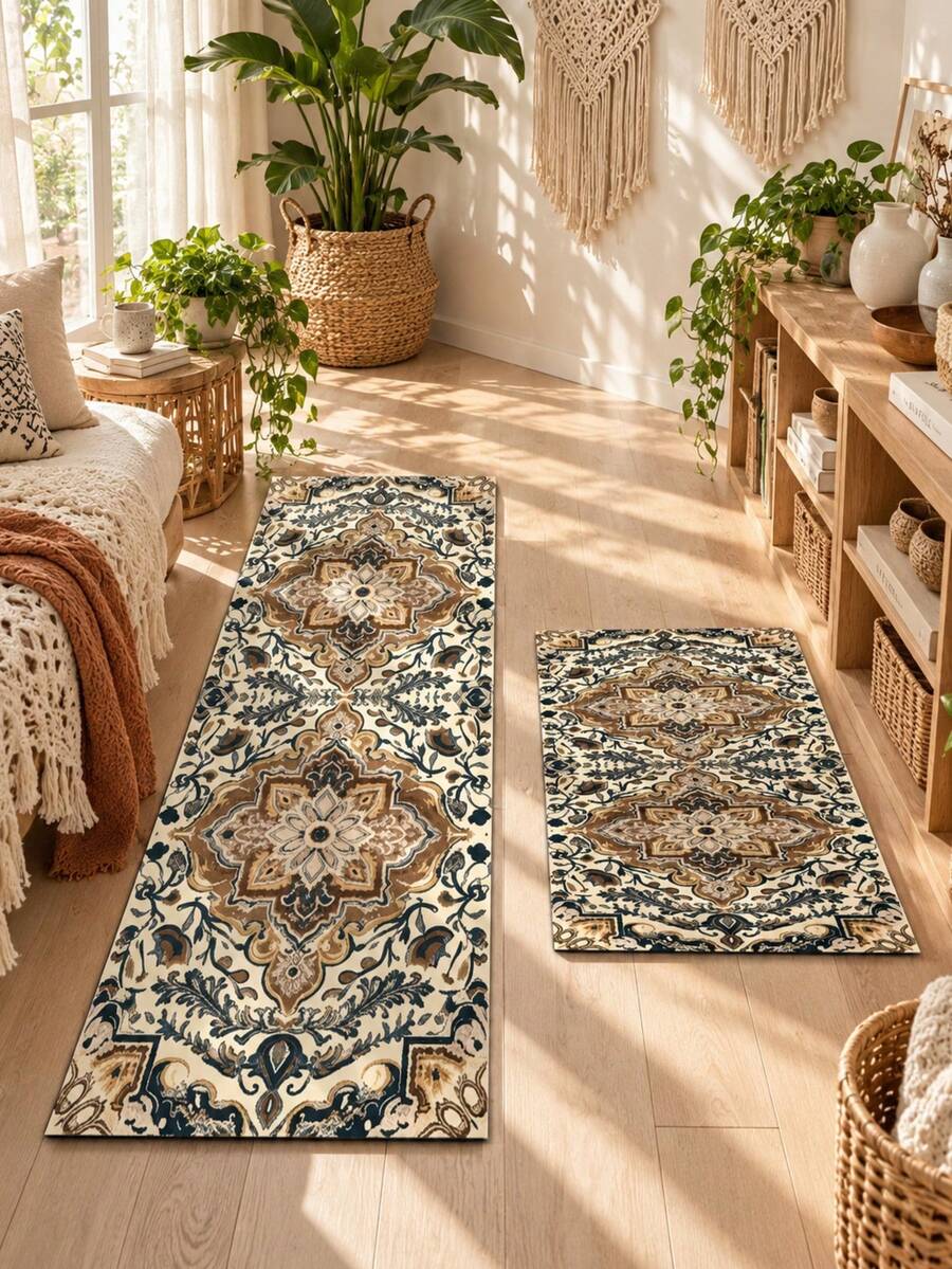 1/2pcs Autumn Vintage Diatomaceous Earth Mat, Bohemian Floral Pattern Style, Super Absorbent, Non-Slip, Perfect For Bathroom, Kitchen And Dining Room, Quick Dry, Perfect Gift For Home Decor And Bathroom Mat, Holiday Gift! - Multicolor - View 1