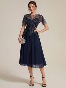 EVERPRETTY Elegant Luxury Heavy Beaded Sequin Chiffon Patchwork Ruffle Sleeve A-Line Navy Blue Formal Evening Gown Suitable For Evening Party Wedding Guest Anniversary - Navy Blue - View 7