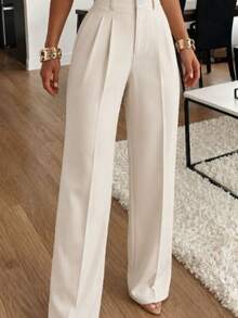 Women's Straight Leg Pleated Knit Pants With Button And Zipper Details, Suitable For Spring And Autumn Outfits - Apricot - View 2