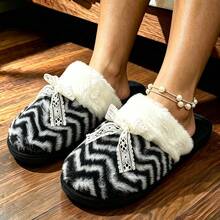 1 Pair Elegant Bow Fabric Flat Slippers Warm Indoor Winter Floor Slides - Black - View 7