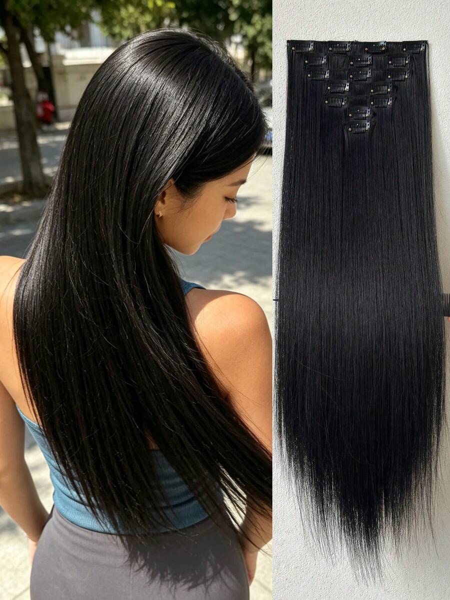 ZURO 16夾式 22英吋 7片裝黑色直髮合成接髮片，適合女性，萬聖節使用