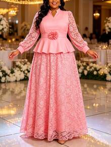 Elegant Plus Size Pink 2 Pieces Set, Ruffle Top, V-Neck Long Sleeve, Floral Waist Belt, Lace A-Line Long Skirt, Church Wedding Guest Autumn Outfit - Pink - View 11