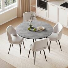Modern White Marble Extendable Kitchen Table With Corduroy Upholstered Chairs For Dining Room, Kitchen - Grey Table + White Chair - View 11