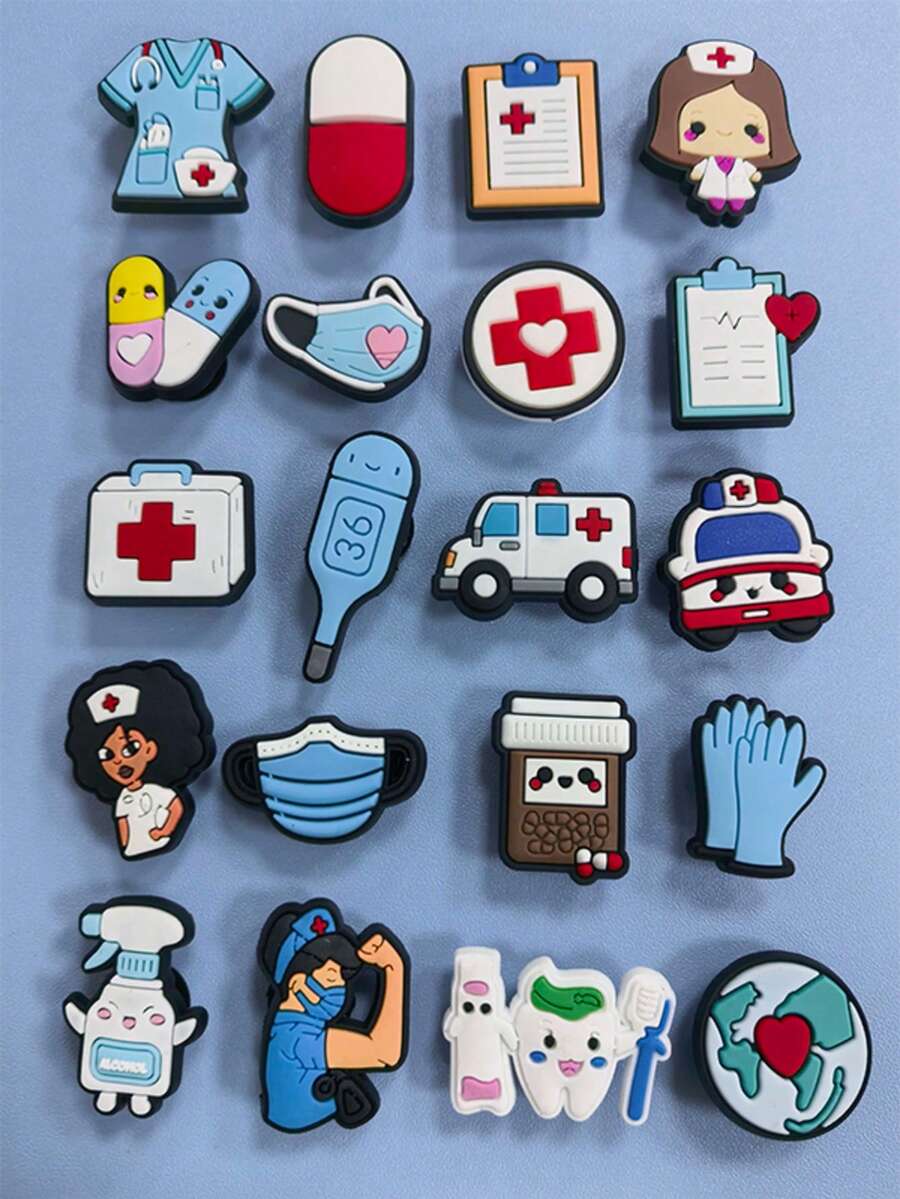 20‑Pack Nurse's Day Cartoon Shoe Charms, Medical Tribute Theme, Fit For & Crossbody Bags, Unique DIY Decor Pendants