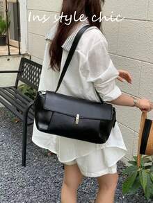 Shoulder Bag Minimalist Flap Baguette Underarm Bag, Metal Lock Closure, Clean Stitching Design, Wide Adjustable Strap, Horizontal Long Shape, Can Store Daily Essentials, Suitable For Commuting, Dating, Shopping, Elegant Women's Bag Creating High-End Everyday Look - Black - View 2