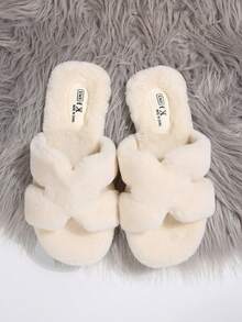 2026 New Cloud-Like Soft Style Autumn/Winter Plush H-Strap Slippers For Women, Open Toe Faux Rabbit Fur House Slippers, Soft Non-Slip Indoor/Outdoor Wearable Cotton Plush Slouchy Slippers - White - View 1