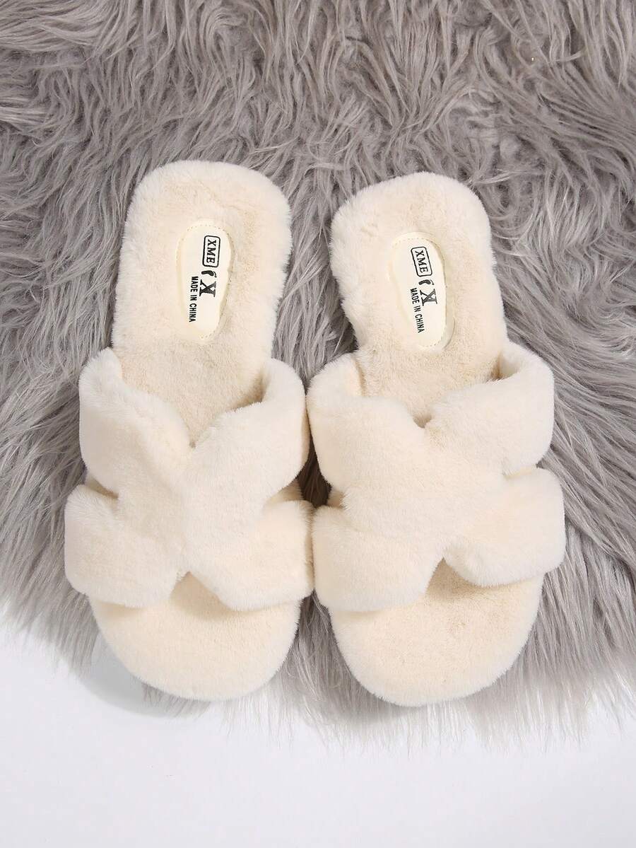 2026 New Cloud-Like Soft Style Autumn/Winter Plush H-Strap Slippers For Women, Open Toe Faux Rabbit Fur House Slippers, Soft Non-Slip Indoor/Outdoor Wearable Cotton Plush Slouchy Slippers - White - View 1