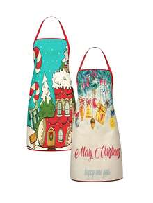 2Pcs Christmas Couple Apron Set, Candy Cane Ginger House Xmas Ornament Bell Gift Printed Adjustable Bib Apron, Holiday Kitchen Cooking Baking Apron For Family Party Christmas New Year Gift - Multicolor - View 8