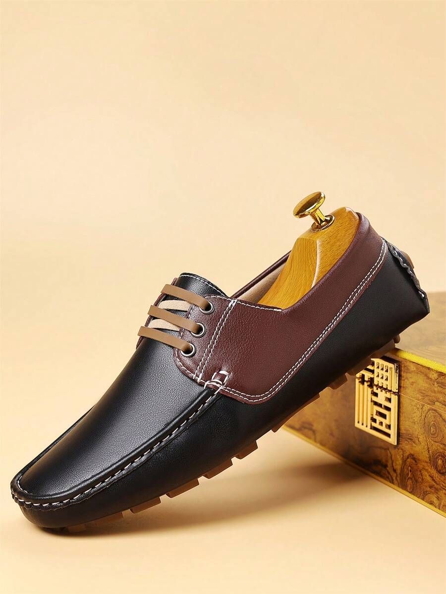 Men's Colorblock Patchwork Versatile Fashion Comfortable Driving Loafers Slip-On Loafers Minimalist Commute Business Casual Daily Travel Work Outfit Lightweight Flat Leather Shoes - Brown - View 1