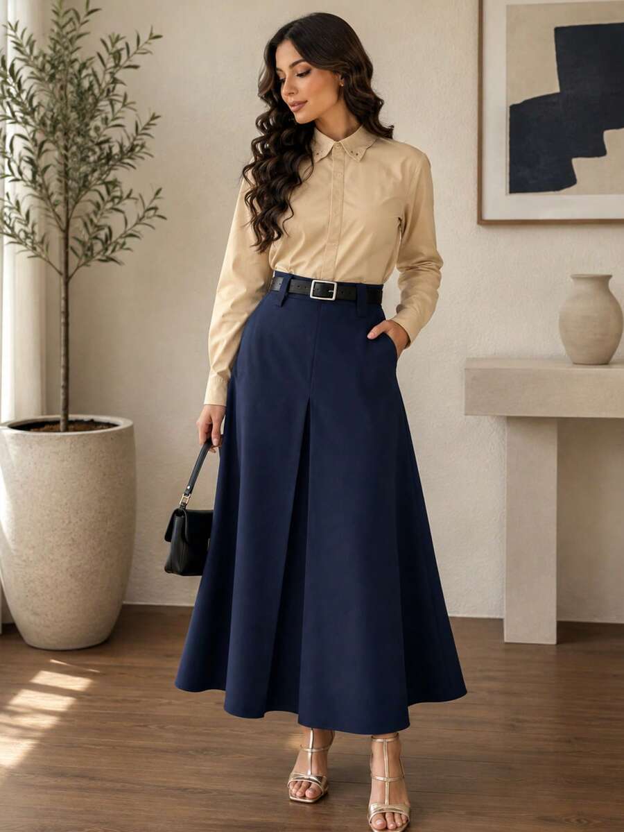 Women's Solid Color Elegant Casual Office A-Line Minimalist Daily Skirt - Navy Blue - View 1
