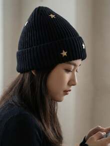 1pc Unisex Blue Star Pattern Warm Earflap Knit Beanie, Student Casual Cold Weather Hat, Autumn/Winter Style - A - View 1