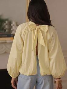 Plus Size Women's Solid Color French Lantern Sleeve Pleated Top, Casual Vacation Versatile Yellow - Yellow - View 4