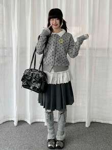 Women's Polka Dot & Musical Note Applique Embroidered Knit Cardigan, Early Autumn Lapel Button-Up Top - Grey - View 8
