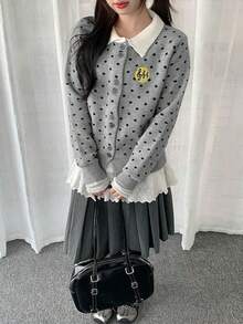 Women's Polka Dot & Musical Note Applique Embroidered Knit Cardigan, Early Autumn Lapel Button-Up Top - Grey - View 3