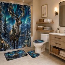 1pc/4pcs Aurora Deer Pattern Multi-Function Bathroom Decor Shower Curtain Set, Free 12 Hooks, Premium Holiday Atmosphere, Bathroom Mat, U-Shaped Floor Mat And Round Toilet Lid Cover, Suitable For All Occasions Decoration, Bathroom Set - Aurora Reindeer - View 4