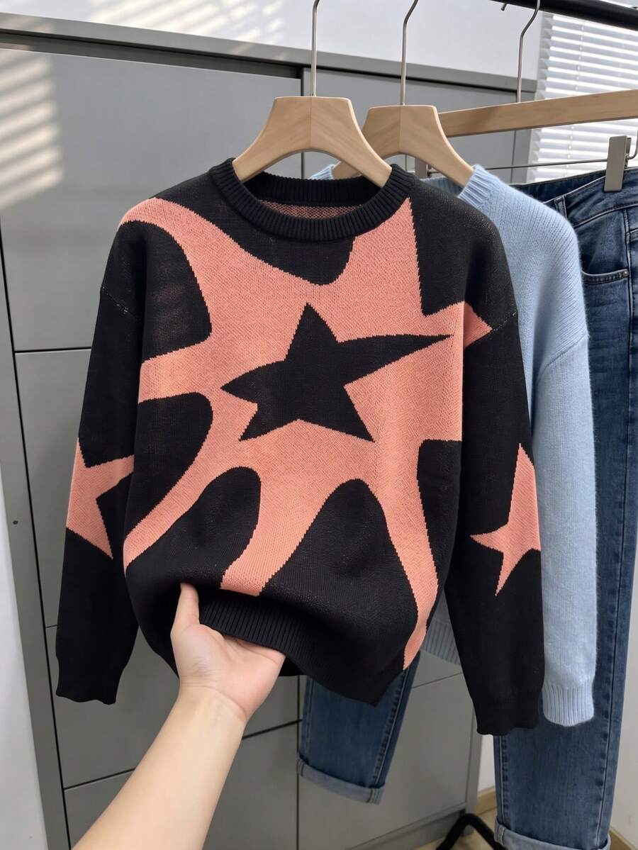 Teen Girls Vintage Colorblock Striped Crew Neck Pullover Sweater, Loose Fit Long Sleeve Chunky Knit Casual Top - Black - View 1
