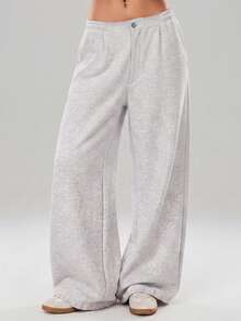 KyrLssu Women's Loose Fit Casual Versatile Solid ColorDrawstring Waist Wide Leg Sweatpants, For Back To School - White - View 4