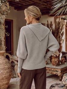 NiceArt Women's Autumn/Winter Vintage Asymmetrical Collar Knit Sweater, Metal Button Long Sleeve Pullover, Autumn Outfit, Party, Halloween - Khaki - View 2