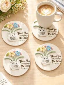 1/6/12pcs "Thank You For Helping Me Grow" Floral Wooden Coasters, Teacher Appreciation Gift, Round Coasters, Suitable For Classroom, Home Office, Back To School Decor, Desk Decor, Thank You Gift, Conveying And Positive Energy - The Flowers Thank You - View 1