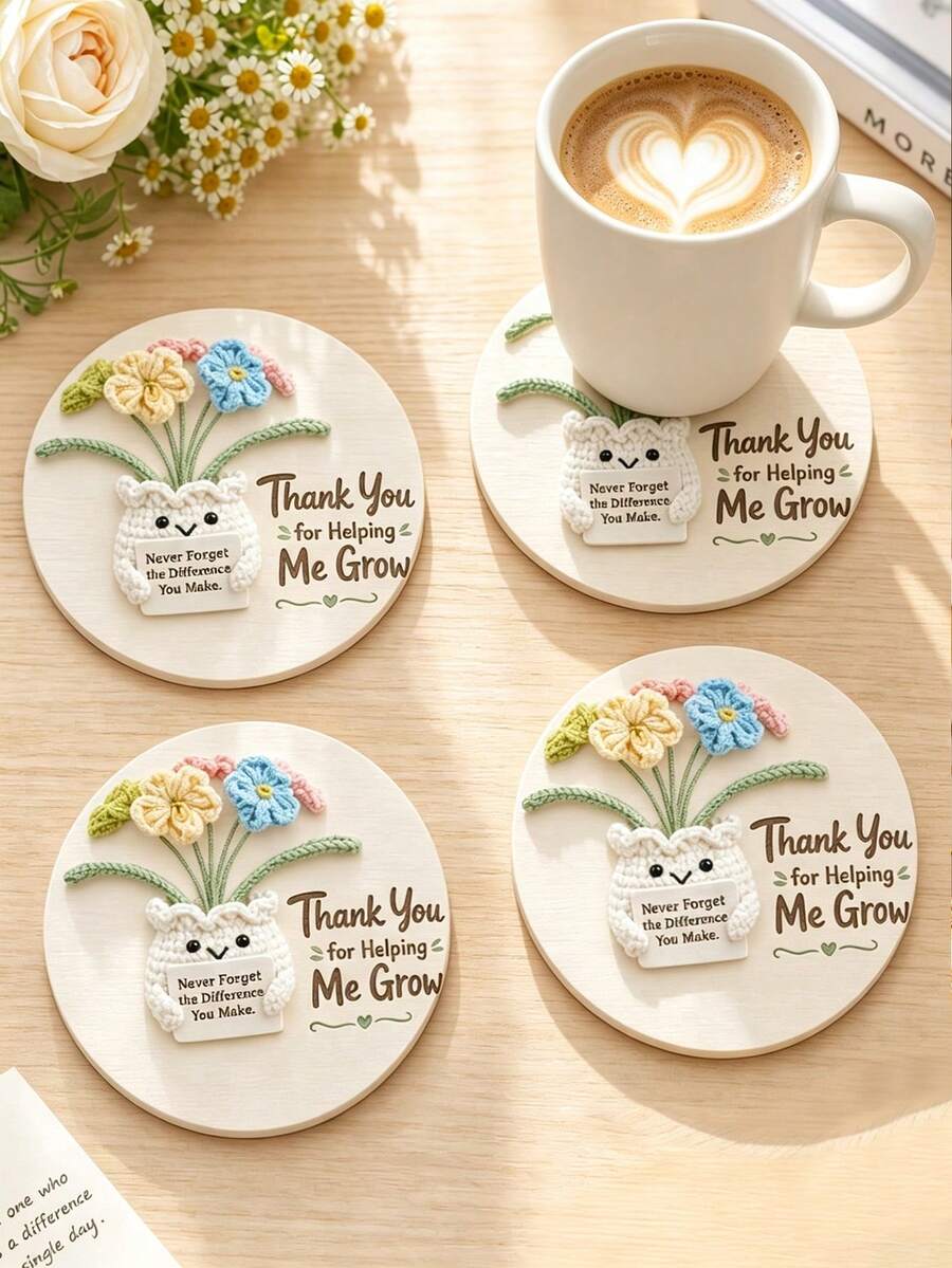 1/6/12pcs "Thank You For Helping Me Grow" Floral Wooden Coasters, Teacher Appreciation Gift, Round Coasters, Suitable For Classroom, Home Office, Back To School Decor, Desk Decor, Thank You Gift, Conveying And Positive Energy - The Flowers Thank You - View 1