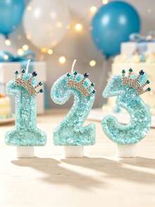1pc Ice Blue Glitter Number Birthday Candle 0-9, Luxury Crown Style, Suitable For Girls' First Birthday Party, Princess Theme Cake Decoration, Kids Dessert Decoration - Ice Blue - View 6