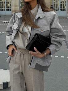 Vintage Stand Collar Slim Fit Coat, Herringbone Pattern Flap Pockets, Premium Fabric, Suitable For Autumn/Winter Daily Commute - Light Grey - View 4