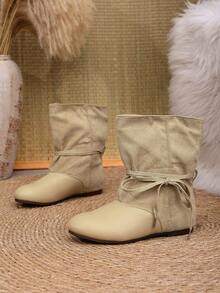 2026 Autumn/Winter Women's New Slip-On Ankle Boots, Lightweight Flat Round Toe Fashion Boots With Bowknot - Khaki - View 2