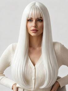 24 Inch Long White Straight Hair Wig, Natural And Smooth, Easy To Wear, Suitable For All Women's Role Play And Halloween Cosplay - White - View 7