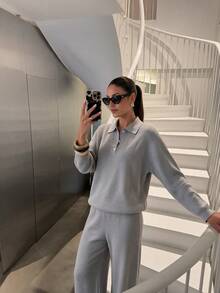 NOVELLE Women Elegant Light Grey Long Sleeve Top & Loose Wide‑Leg Pants Knit Two‑Piece Set Fall Winter Outfit For Date Party Daily Commute Home Wear - Grey - View 1
