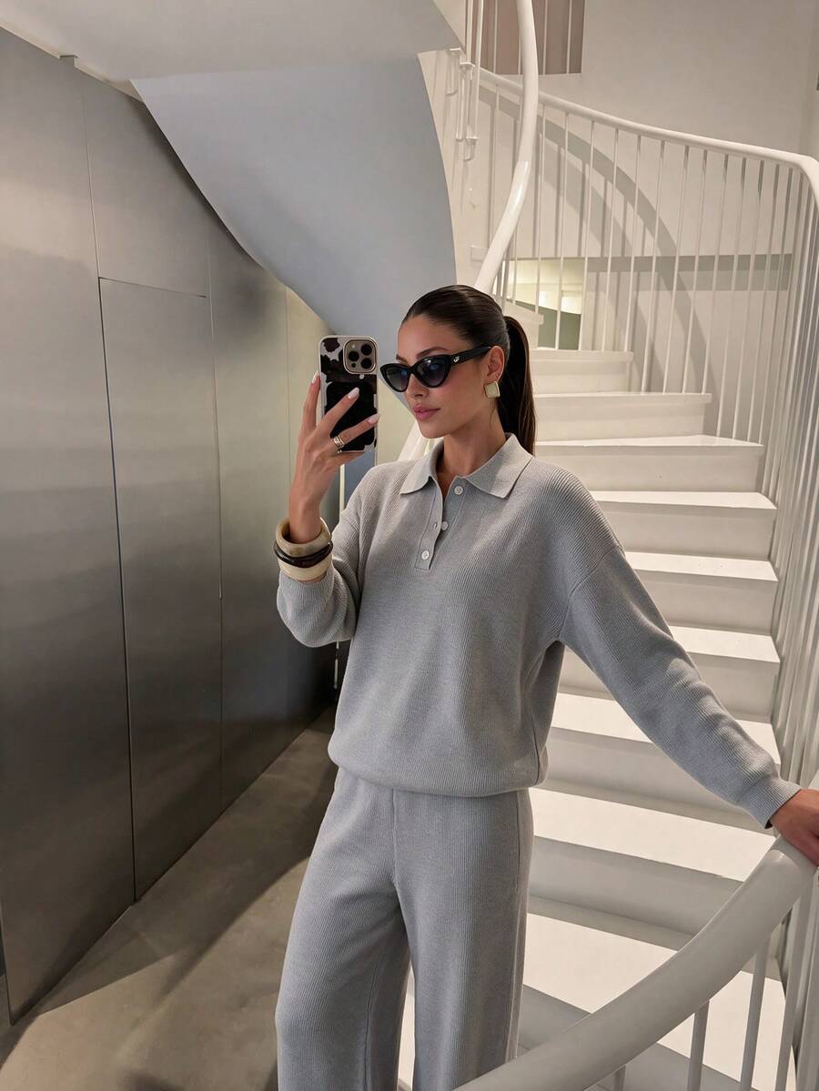 NOVELLE Women Elegant Light Grey Long Sleeve Top & Loose Wide‑Leg Pants Knit Two‑Piece Set Fall Winter Outfit For Date Party Daily Commute Home Wear - Grey - View 1