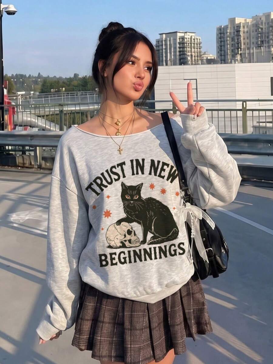 Women's Halloween Heather Gray Off‑The‑Shoulder Oversized SweatshirtBlack Cat &Skull Print Casual Long‑Sleeve Pullover For Fall Back‑To‑School Outfits - Grey - View 1