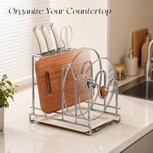 1pc/Pot Lid Storage Rack, Cutting Board Organizer, Suitable For Baking Tray, Cutting Board Holder, Kitchen Knife Rack, Chef Knife, Cutting Board, Pot Lid Multifunctional Countertop Storage Rack - Silver - View 4