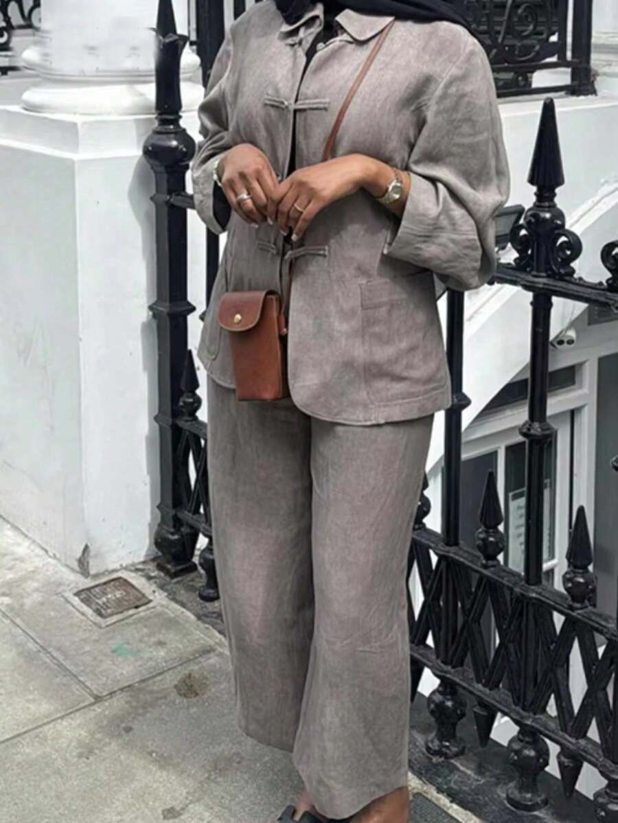 Fashion Knot Button Design Lapel Jacket & Elastic Waist Long Pants Set, Casual Photography Outfit - Grey - View 1