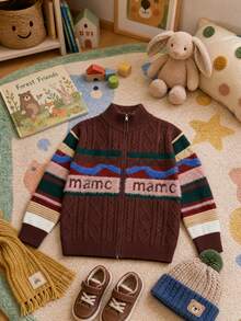 Tween Girls Striped Colorblock Knit Sweater, Cable Knit Zip Up Mock Neck, Long Sleeve Preppy School Top, Cozy Fall Winter - Multicolor - View 2
