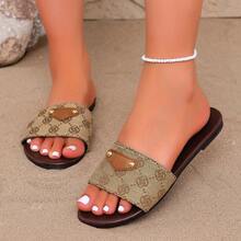 Khaki Vintage Letter Women's Flat One-Strap Slides, Comfortable Soft Sole Single Strap Rivet Decor Sandals, Summer Beach Vacation Casual Outdoor Daily Wear - Khaki - View 4