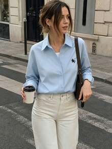 Women's Casual Everyday Wear Knight Embroidery Single-Breasted Shirt - Blue Knight - View 1