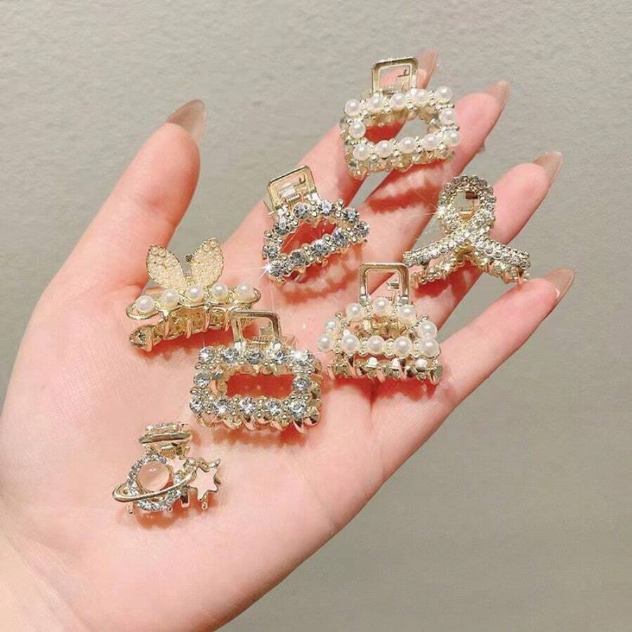 7/5/1pc Women's Pearl Rhinestone Small Claw Hair Clips, Luxury Elegant Half-Up Hair Clips, Elegant Metal Hair Claws, Versatile Daily Bangs & Loose Hair Clips, Exquisite Hair Accessories - Gold - View 1