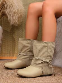 2026 Autumn/Winter Women's New Slip-On Ankle Boots, Lightweight Flat Round Toe Fashion Boots With Bowknot - Khaki - View 4