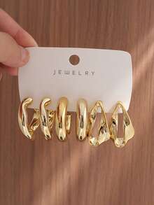 6/18PCS Fashionable Personalized Elegant C-Shaped Twisted Hollow Geometric Texture Multi-Element Gold Metallic Earring Set Suitable For Party, Banquet, Travel, Wedding, Vacation, Daily Wear Jewelry Gift (Lightweight ABS Material, Non-Fading) - Gold - View 5
