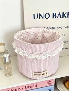 5/1pc Heart‑Shaped Quilted Surface With Delicate Lace Trim,Creates Soft Aesthetic For Your Vanity Desk Cylindrical Large‑Capacity Design,Holds Cosmetics,Hair Accessories And Desktop Sundries,Lightweight Soft Fabric Basket,Suitable For Bedroom - Multicolor - View 6