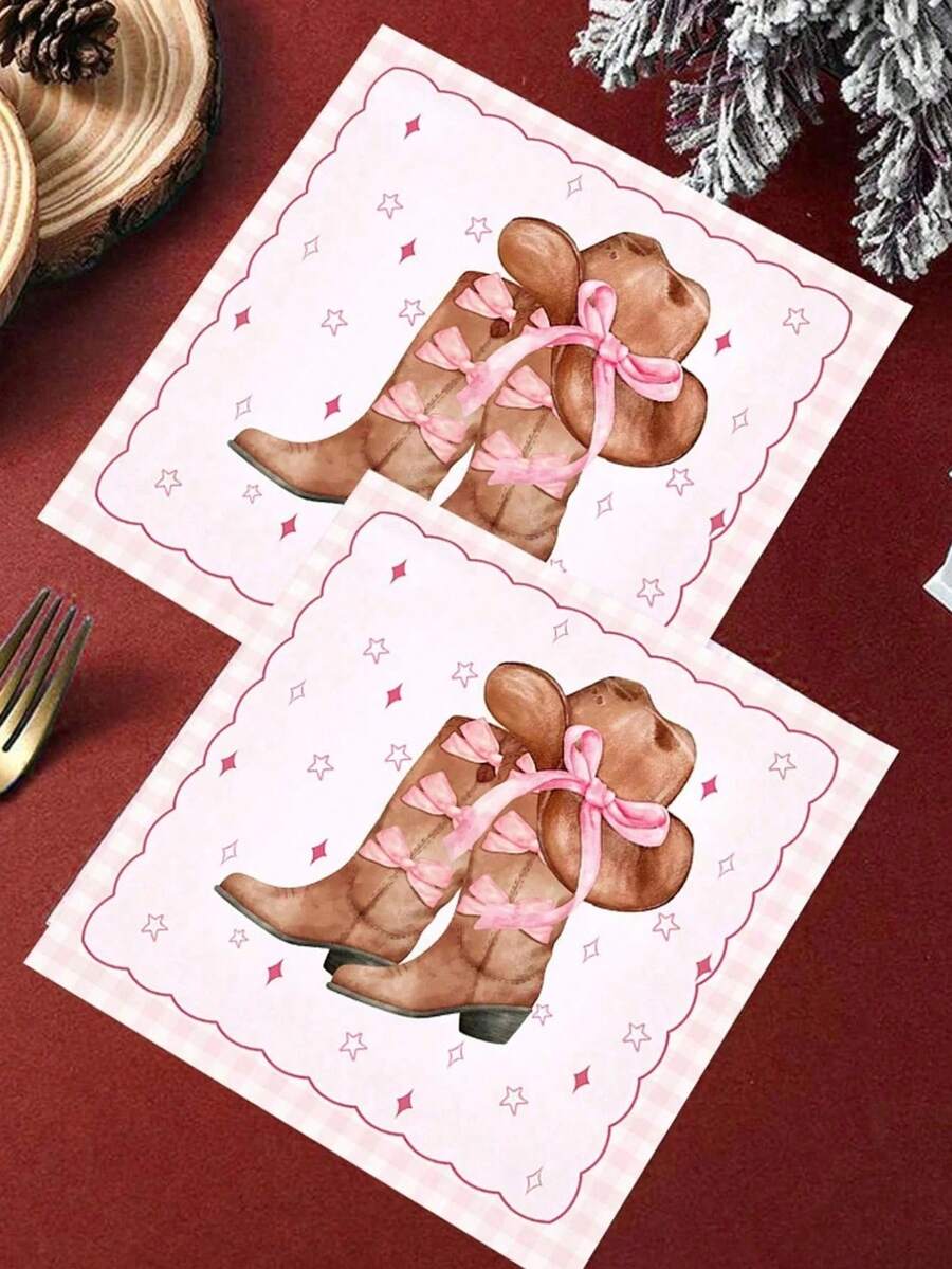 80pcs/40pcs/20pcs/1pc Western Cowboy Bow Theme Napkins - Disposable Napkins With Pink Bow Pattern, Holiday Party Table Decor, Home Dining Convenient Tissues, For Wedding, Graduation, Birthday,Housewarming Party, Vintage, Back To School, Etc. - One Size - View 1