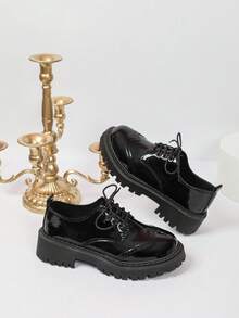 1 Pair Girls Black Glossy Lace-Up Thick Sole Loafers, Fashionable School Style Comfortable Versatile Shoes - Black - View 3