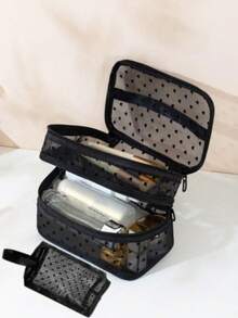1pc Mesh Makeup Bag Double Layer Heart Pattern Large Capacity Storage Bag Fashionable Toiletry Cosmetic Bag - Black - View 3