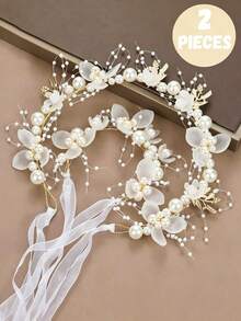 2Pcs Pearl Flower Headbands, Vintage Bridal Hair Bands With Ribbon For Women Wedding Party Hair Accessories - Multicolor - View 4