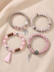 4pcs Angel Wing Pendant Tassel Multi-Layer Stackable Bracelet Set, Vintage Beaded Women's Atmospheric Jewelry - Pink - View 3