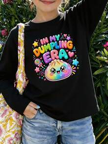 Tween Girls In My Dumpling Era Graphic Long Sleeve Tee, Cute Rainbow Cartoon Dumpling Star & Heart Print Casual T-Shirt - Black - View 1