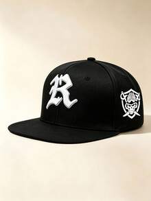 1pc Unisex Flat Brim Baseball Cap, Gothic R Letter 3D Embroidery, Skull‑Sword Shield Print On Side, Adjustable, For Daily, Street, Party, Travel Wear - Multicolor - View 5