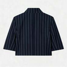 Women's Regular Fit Short Blazer, Short Sleeve Business Suit Jacket, Suitable For Spring/Summer Graduation Season - Navy Blue Stripes - View 6