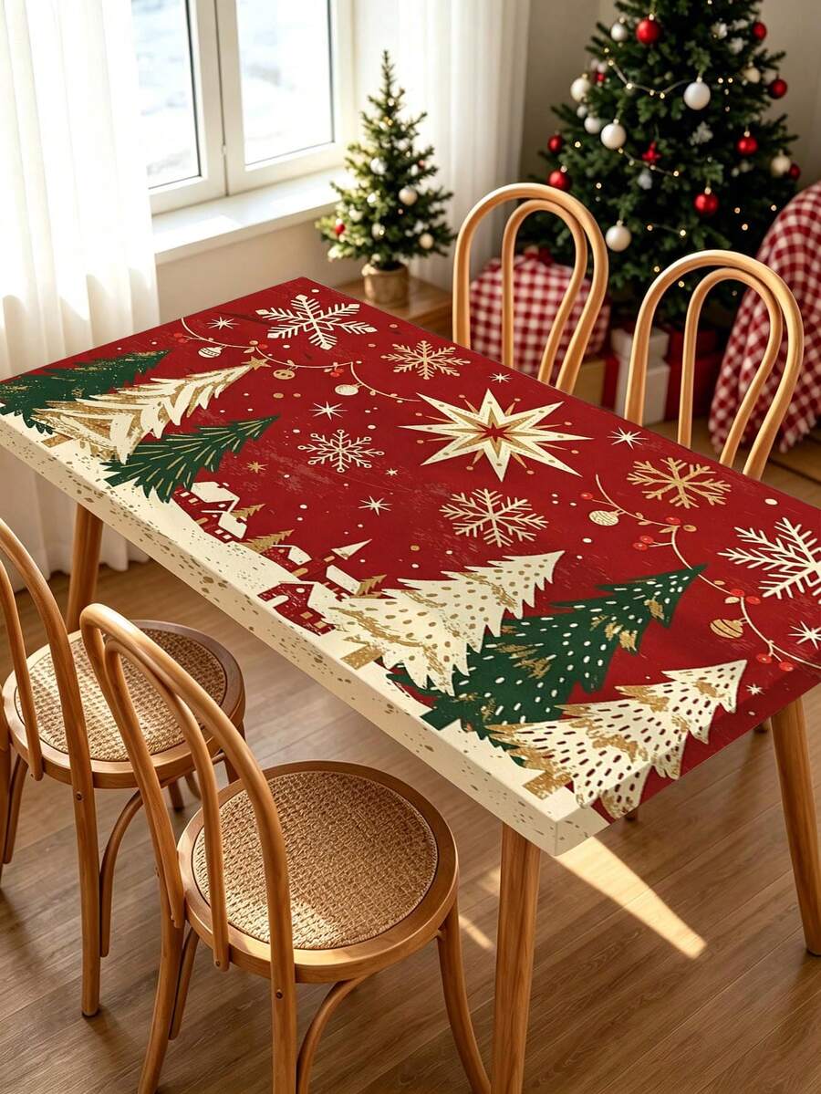 1pc Christmas Element Elastic Band With Elastic Edge, Rectangular Design, Anti-Slip Elastic, Waterproof, Oil-Resistant, Scratch-Resistant, Suitable For Dining Table, Folding Table, Kitchen, Party, Picnic, Camping And Home Decor - Multicolor - View 1
